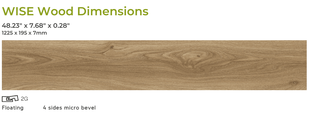 Wood WISE Plank Dimensions are 48.22 inches long, 7.68 inches wide, and 0.28 inches thick.